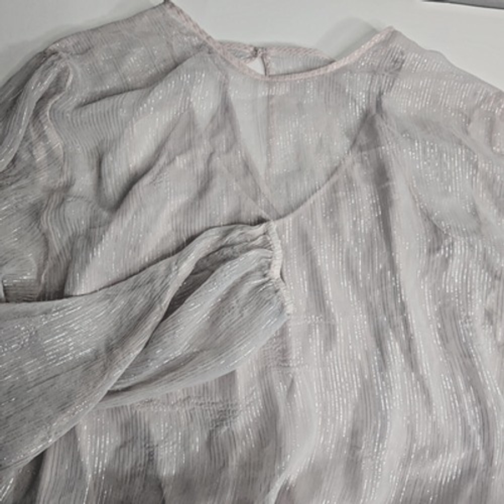 Express Bodysuit Pale Pink Metallic Stripe‎ Sheer Balloon Sleeve Womens Medium - Picture 3 of 8